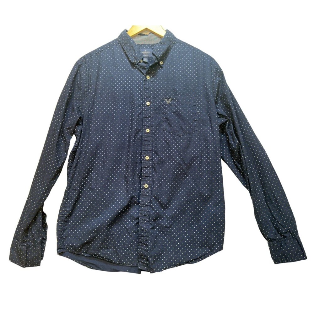 American Eagle Outfitters Mens Button Down Shirt Large Navy Polka Dot Classic